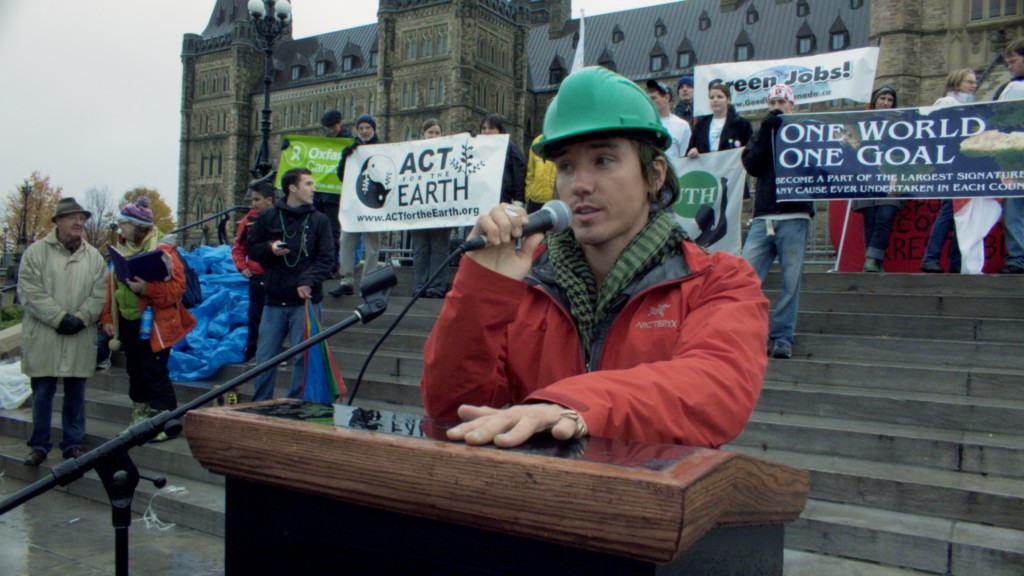 Rob Stewart on Parliament Hill for “Fill The Hill – C Day – International Climate Day in 2010 filming for the documentary film Revolution.